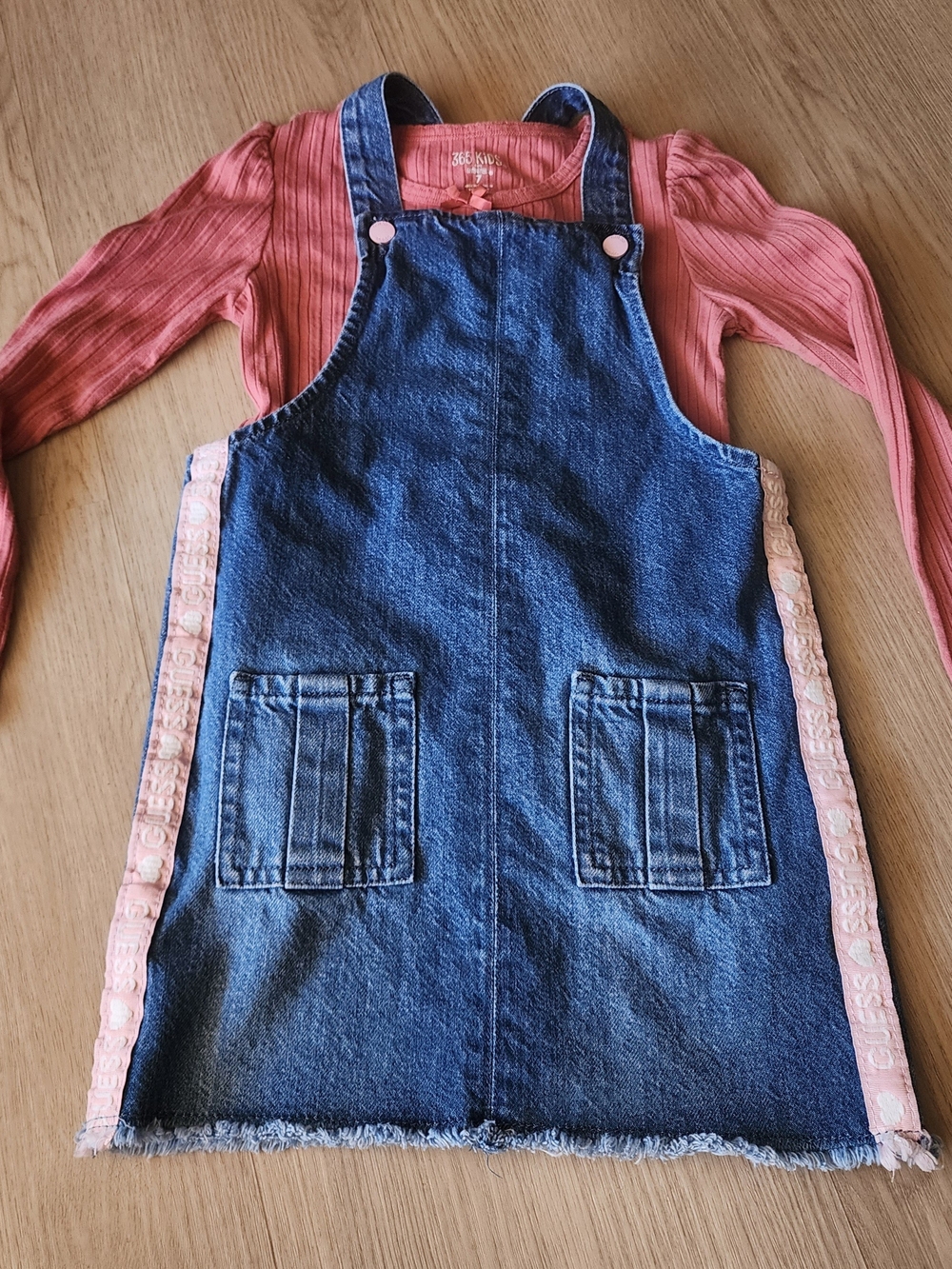 Vintage Style Guess Blue Denim Pinafore Dress with Pink Top Layers